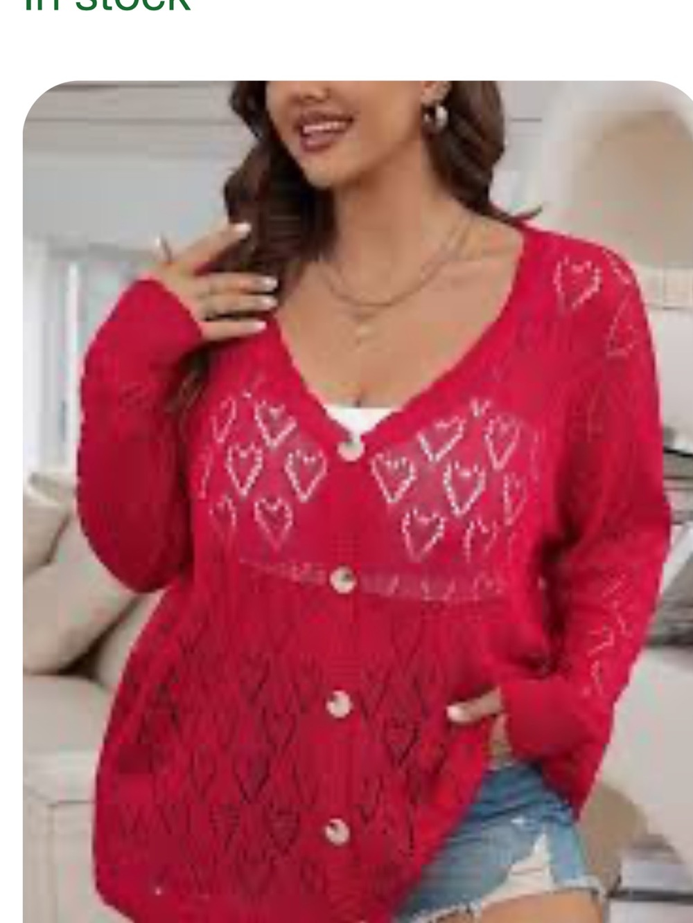 SHEIN Red Heart Lace-Knit V-Neck Button Cardigan